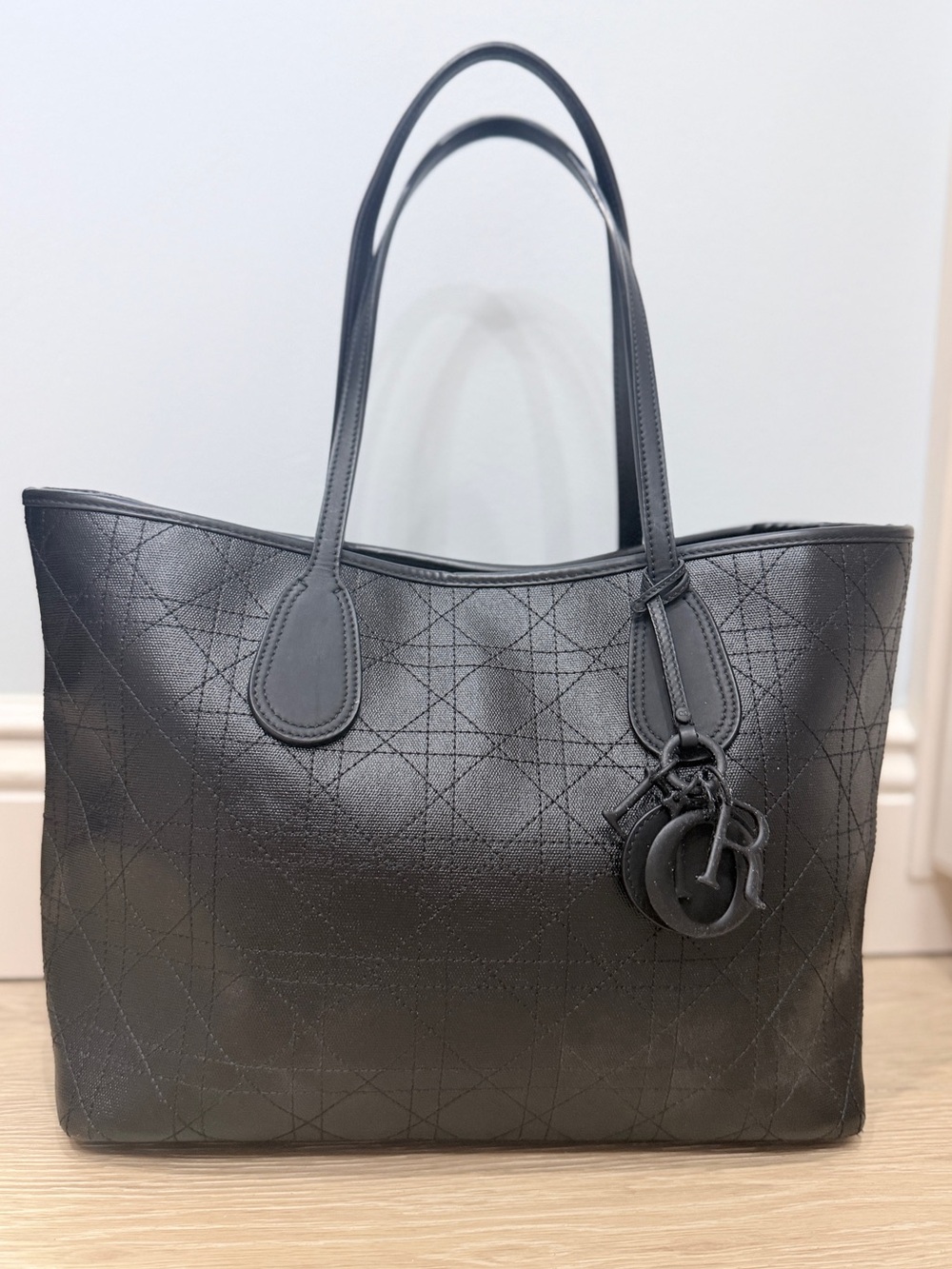 Dior Panarea medium Tote in black quilted Cannage coated canvas.